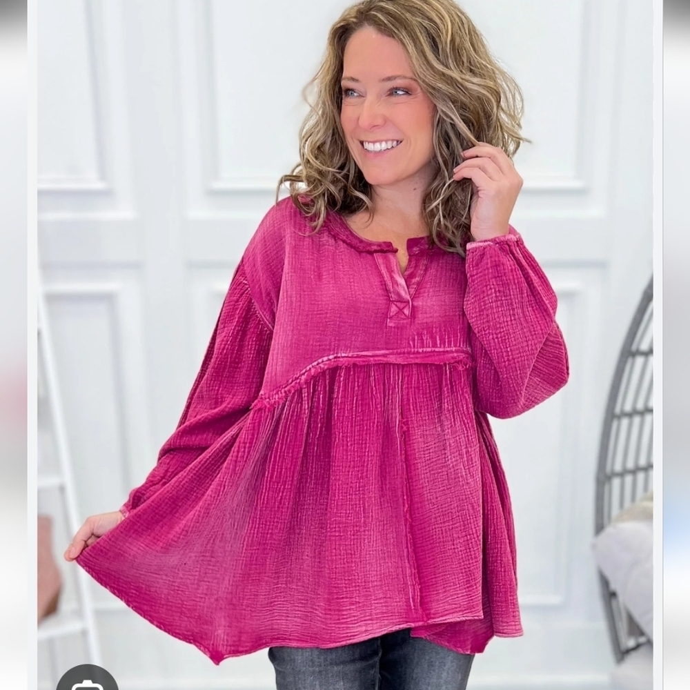 Hayden Washed Raw Edge Puff Sleeve Peplum Top Sz Small Pink